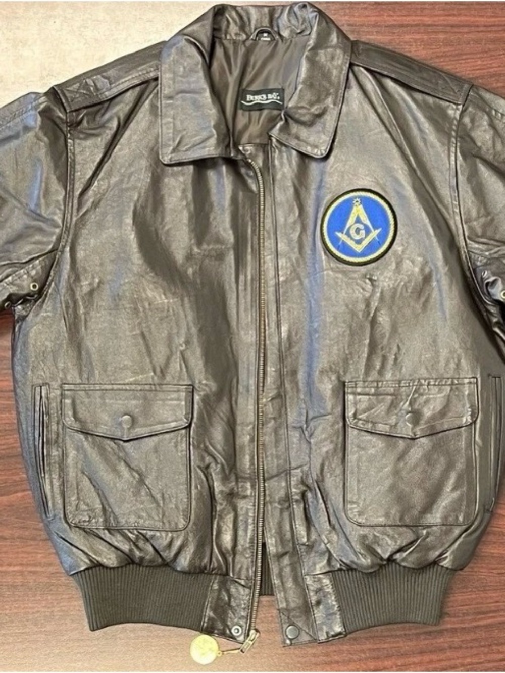 Burk’s Bay Masonic Masons Brown Leather Bomber Motorcycle Jacket Full Zip Size M